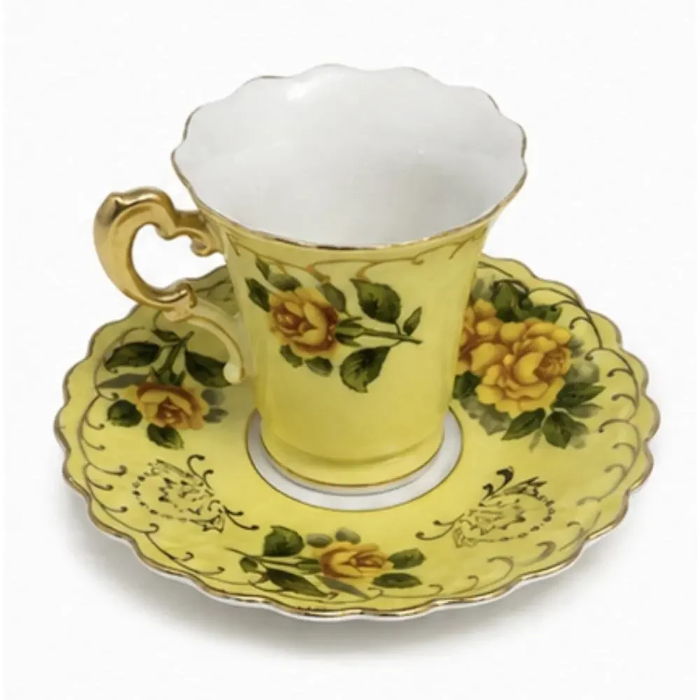 Lefton China Floral Demitasse Cup and Saucer Yellow With Gold Trim Vintage